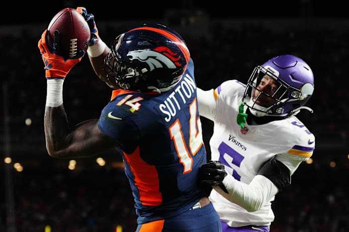 Broncos receiver Courtland Sutton pulls in the game-winning touchdown against the Vikings in Week 11.